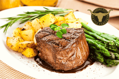 Grilled American Wagyu Filet Mignon on plate with vegetables