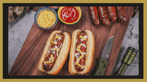 Wagyu Hot Dogs topped with condiments